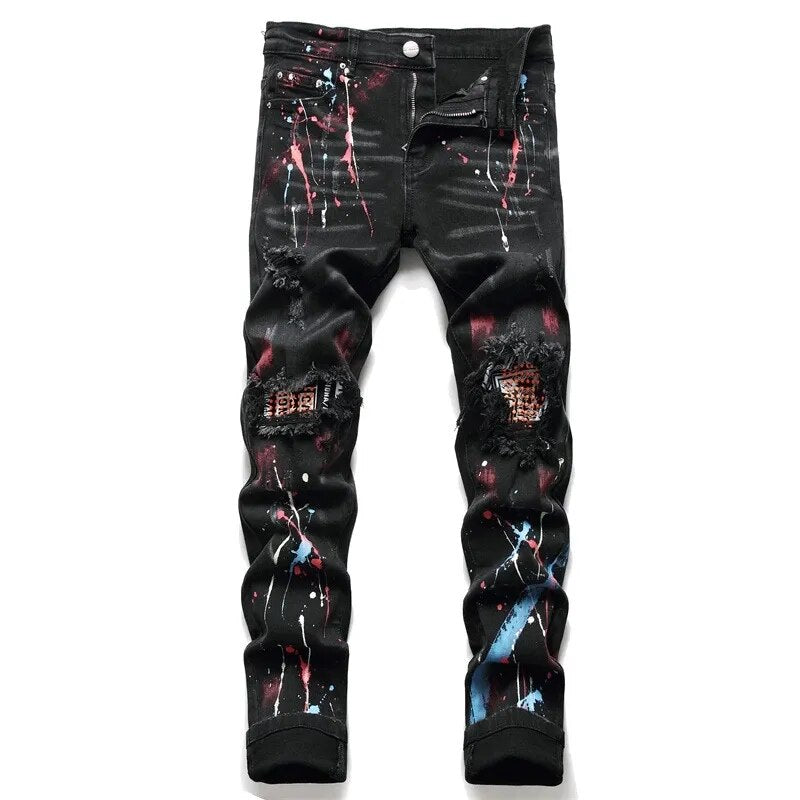 Fashion Brand Men Crystal Stretch Denim Jeans Streetwear Painted Holes Ripped Distressed Pants Patchwork Slim Tapered Trousers